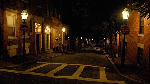 night shot of street on Beacon Hill in Boston 