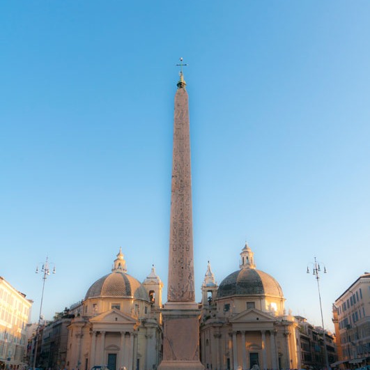 obelisk is center of Piazza del Popolo in Rome, where three avenues converge