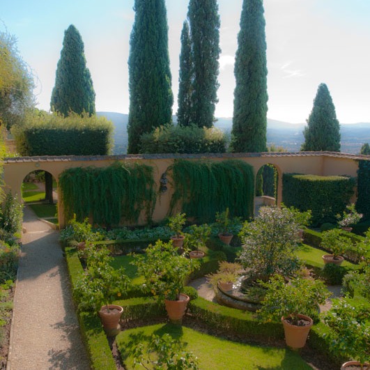 looking to the downhill side of garden at Villa Le Balze