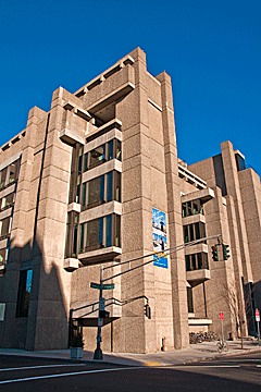 corner view of Paul Rudolph's Brutalist School of Architecture building at Yale University in New Haven, Connecticut