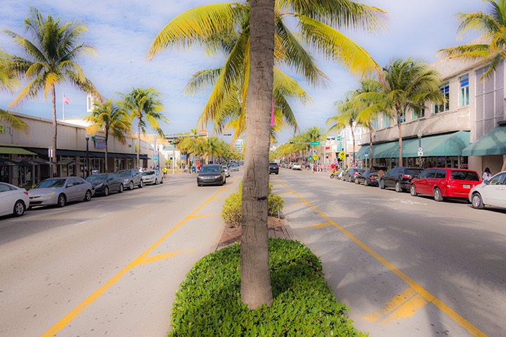 Washington Avenue on South Beach viewed from straight down the median