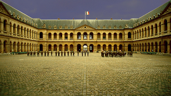Paris courtyard with soldiers standing at attention