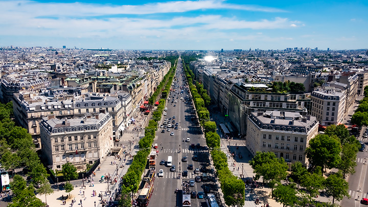 Parisian boulevard viewed from atop the Arc de Triomphe