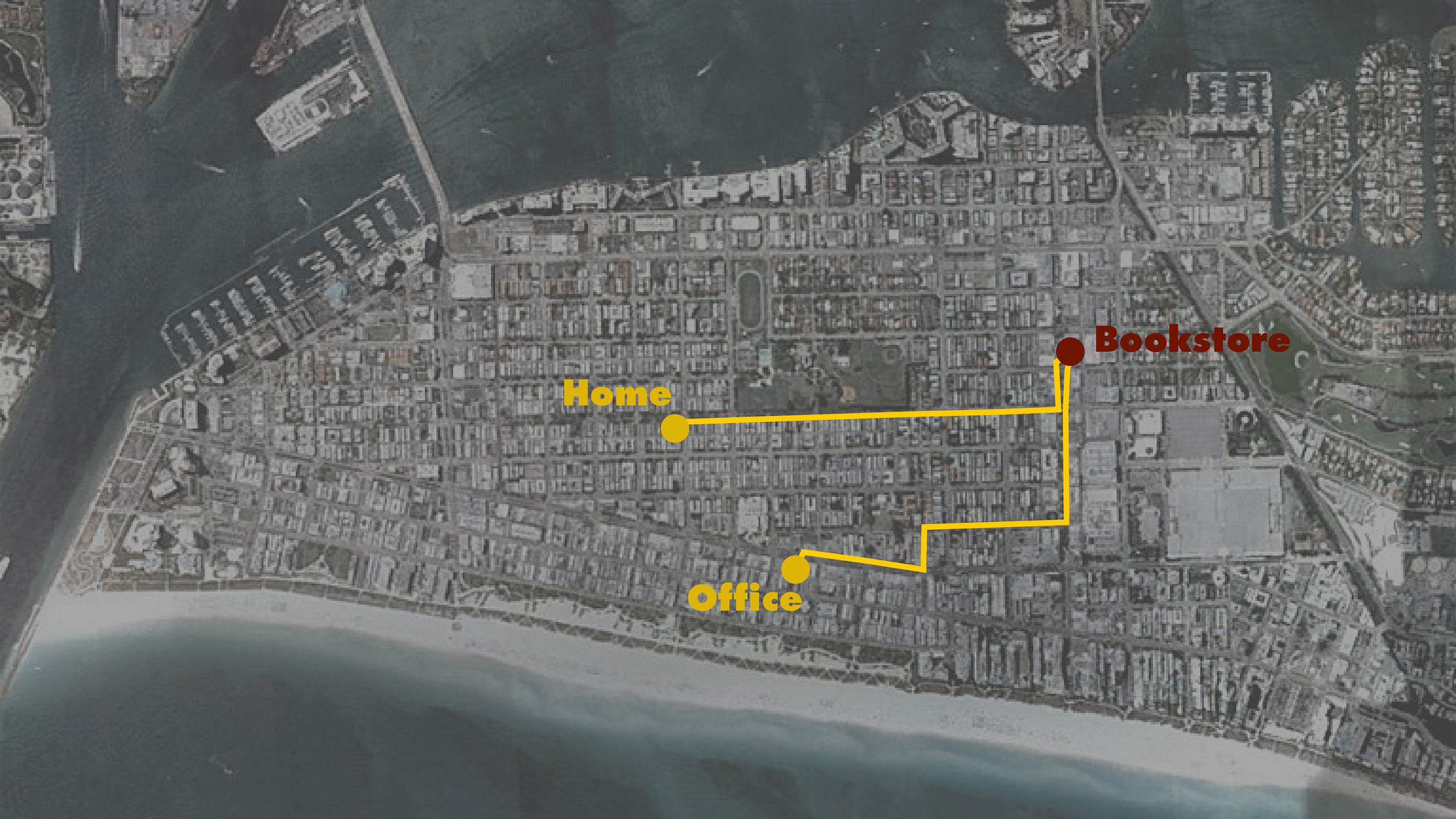 paths to the bookstore from home and office