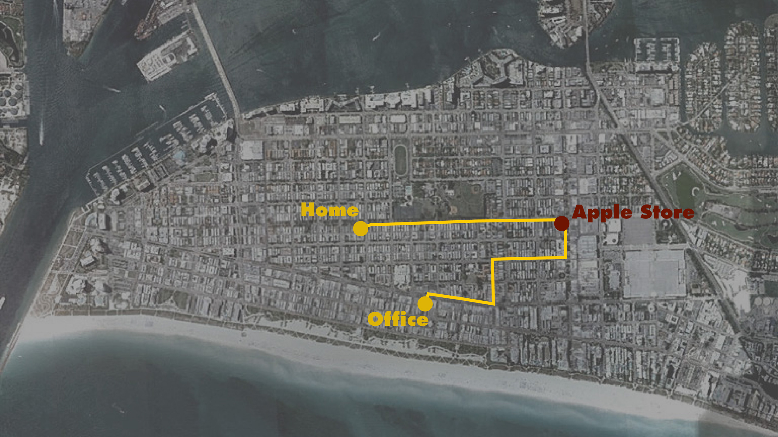 paths to the Apple Store from home and office