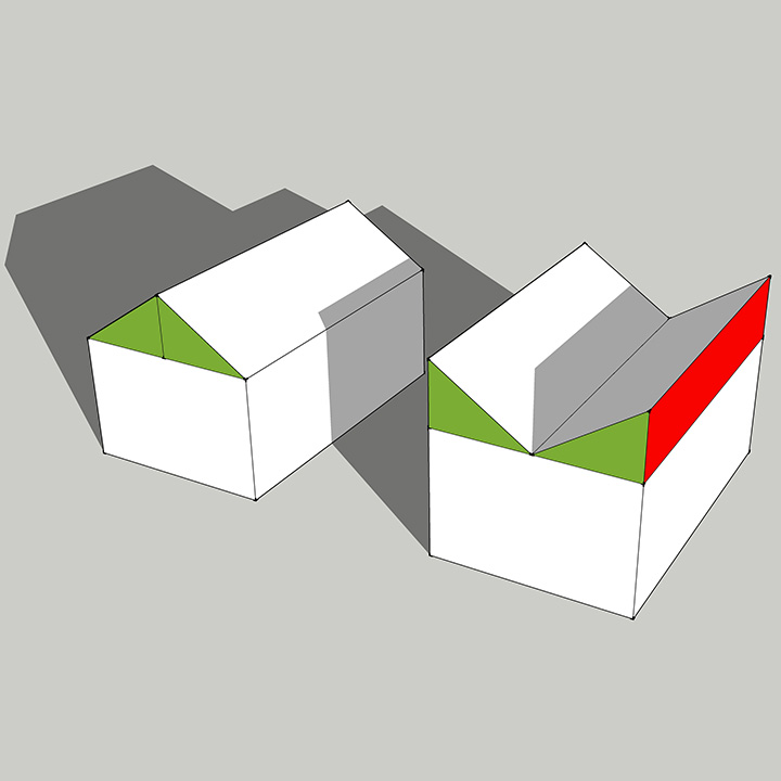 three-dimensional diagram of gable roof and butterfly roof