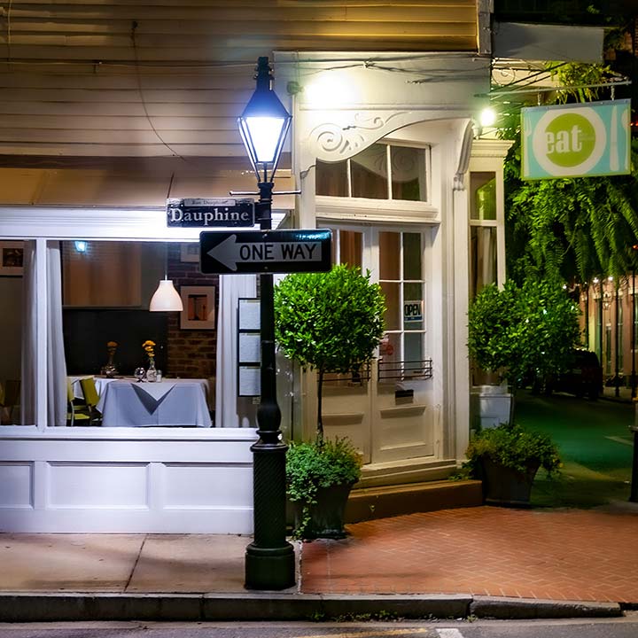 New Orleans French Quarter restaurant at night