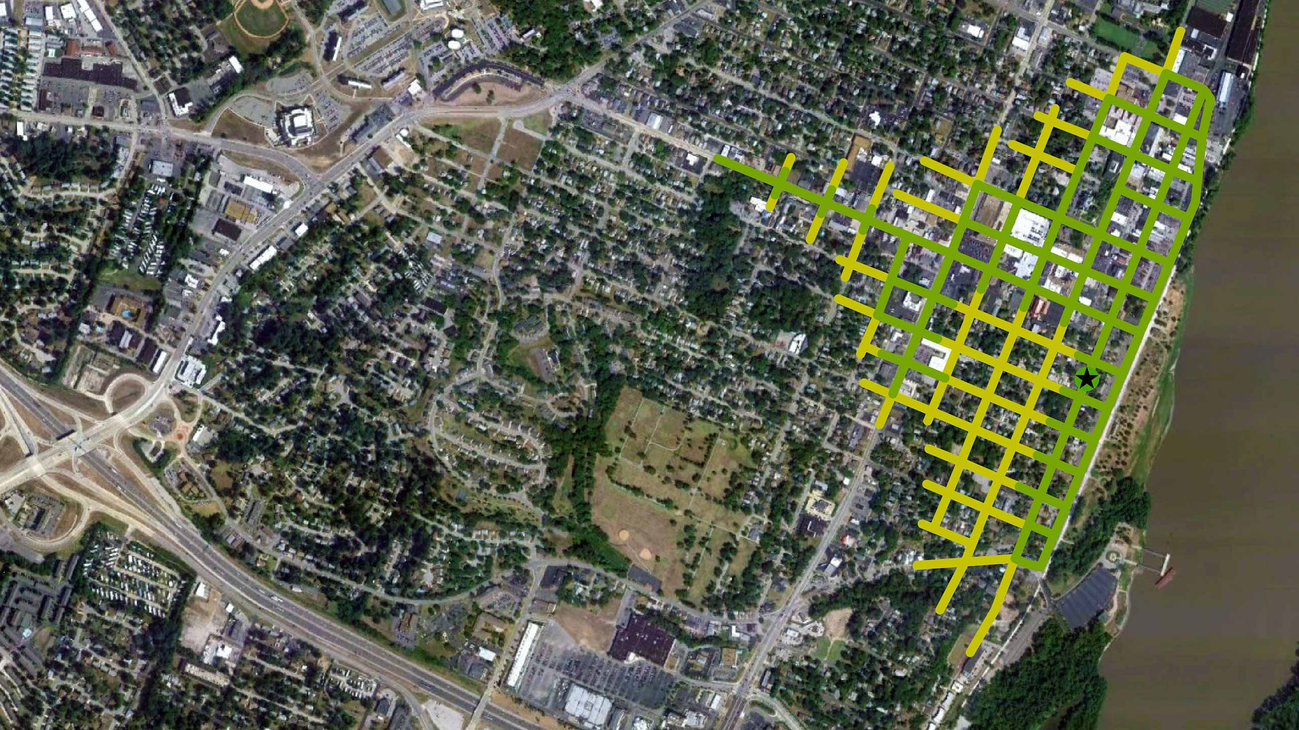 satellite image of St. Charles, Missouri, with repaired Walk Appeal diagrammed onto the streets
