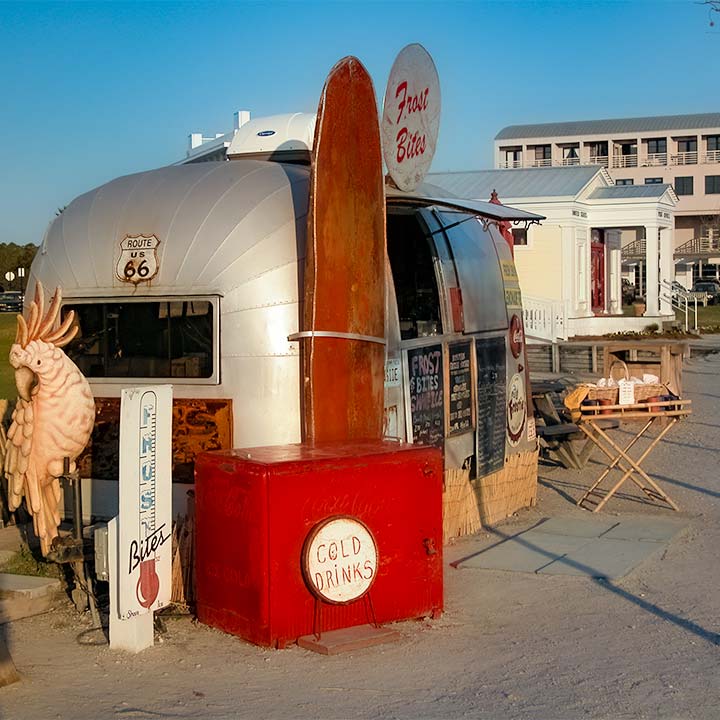 Airstream trailer as food cart at Seaside, Florida in late afternoon light