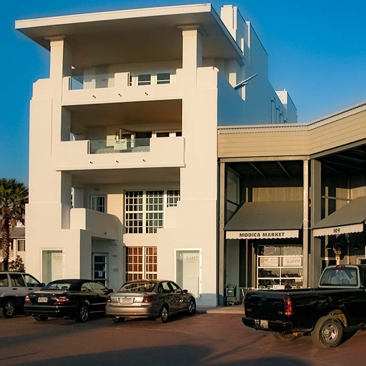 Art Deco-influenced building on Seaside, Florida’s Central Square was designed by Scott Merrill
