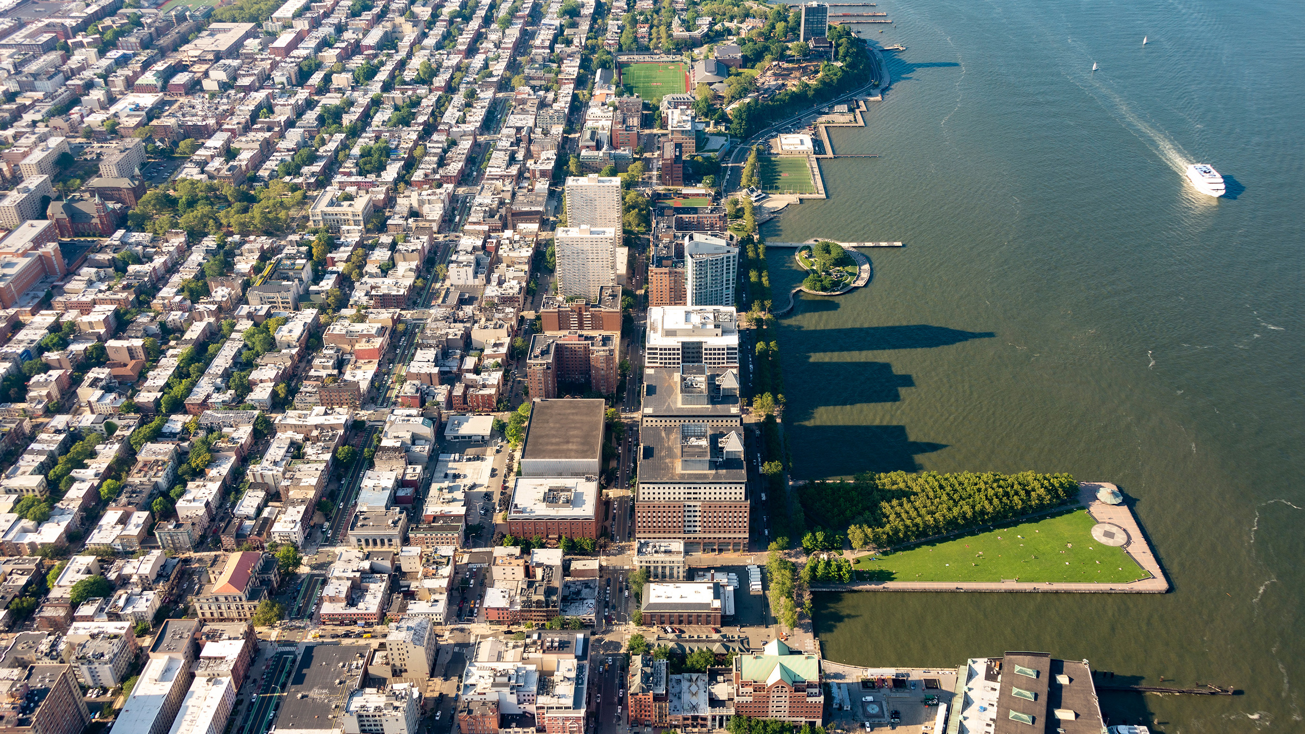 aerial shot of Hoboken waterfront across from Manhattan