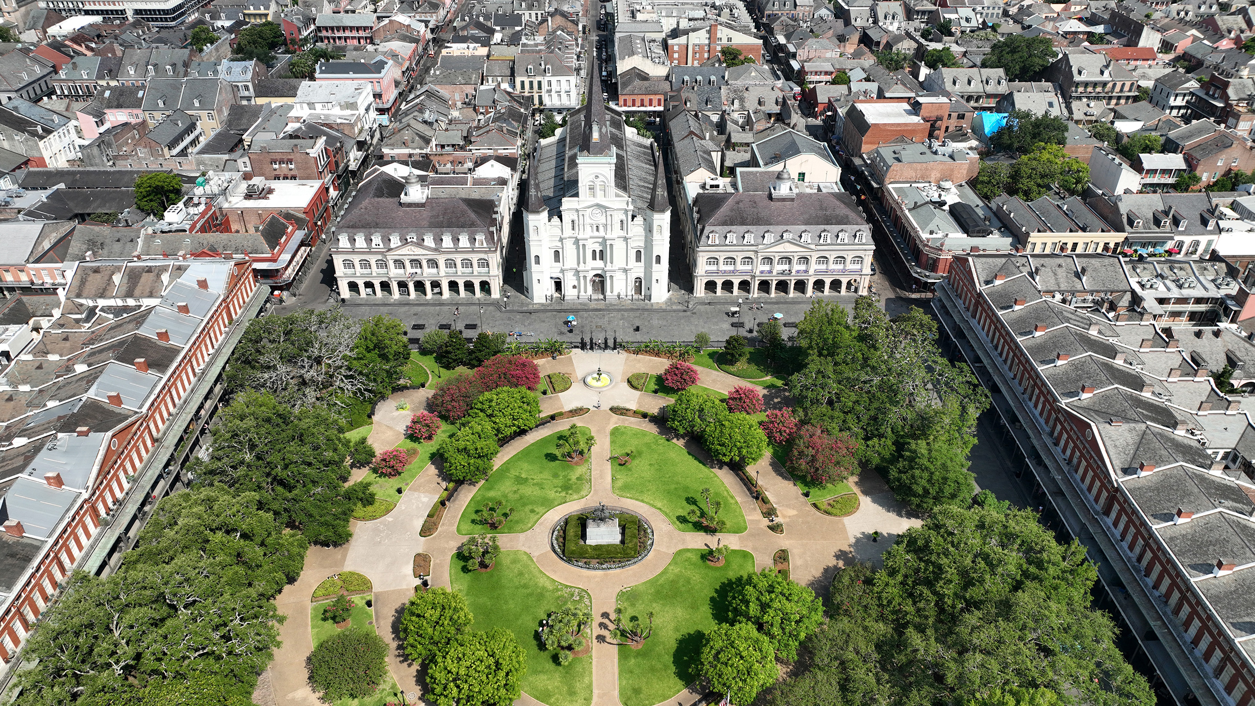 aerial shot of Jackson Square in New Orleans' French Quarter