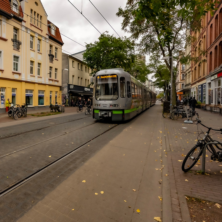 bikes and a tram on Hannover street
