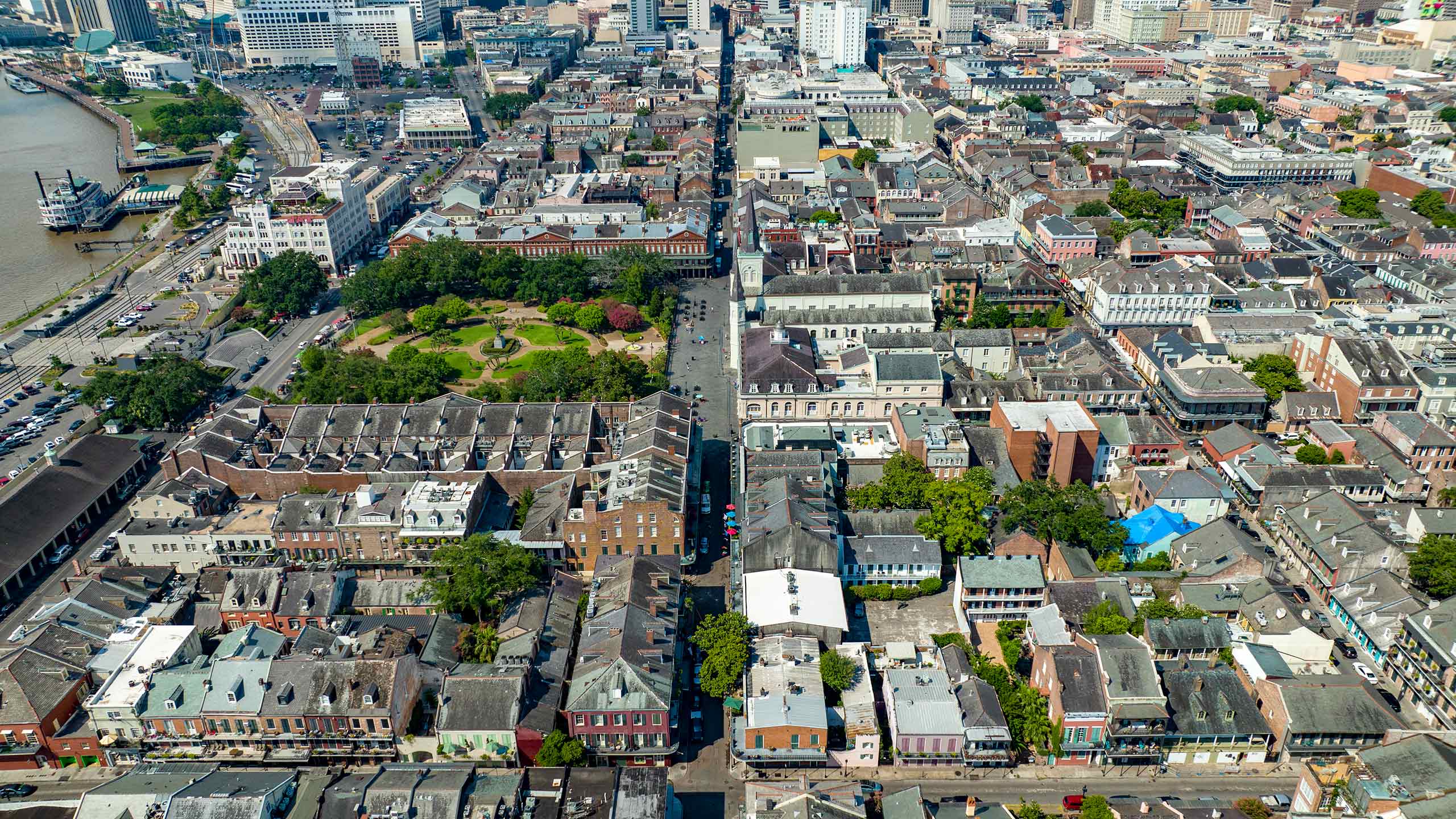 New Orleans French Quarter drone shot looking toward the Central Business District